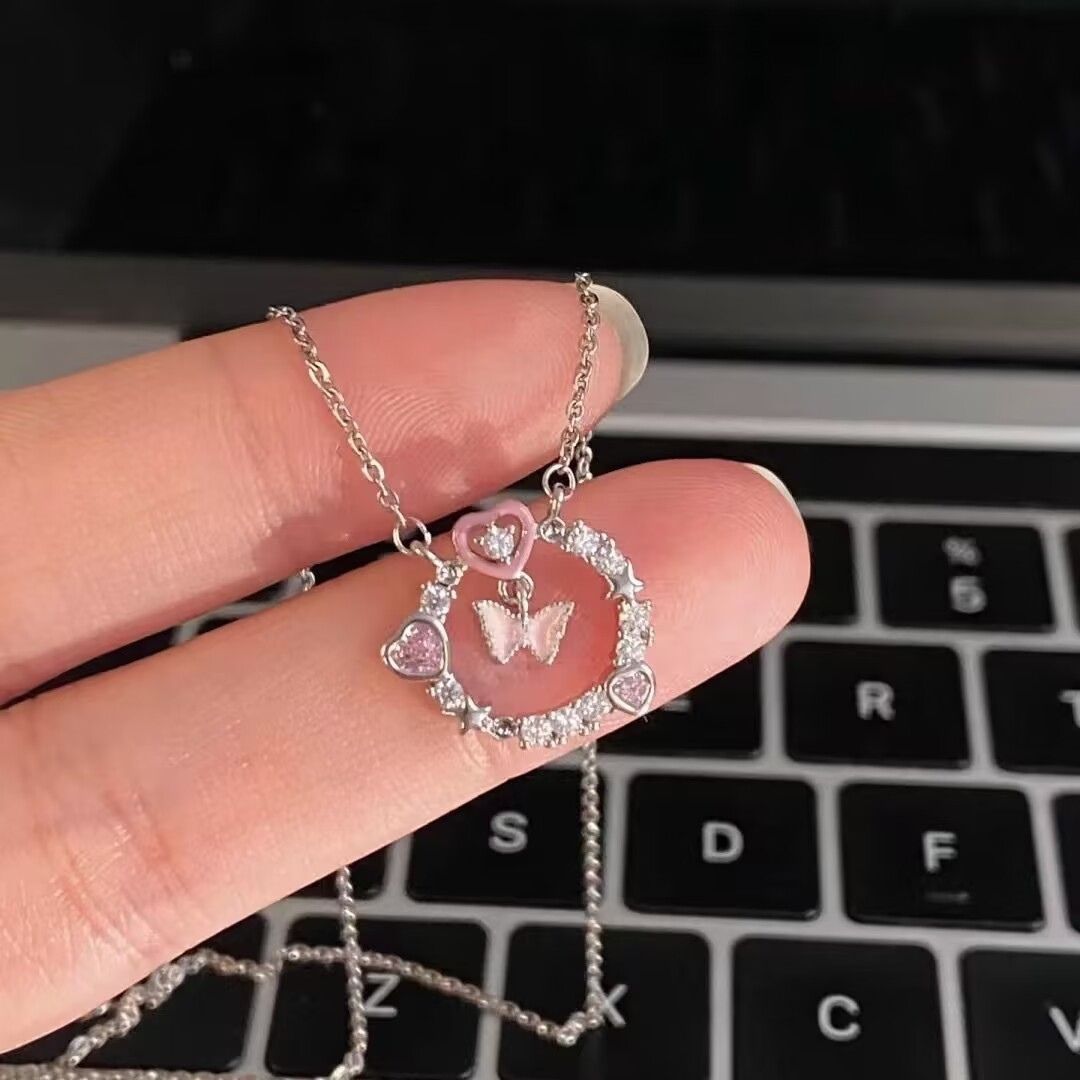 Pink Heart Butterfly Necklace