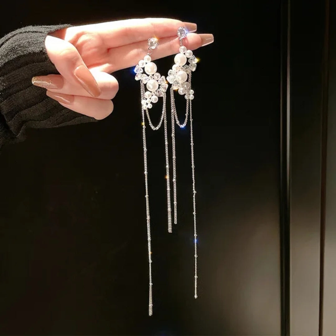Whispering Chains Pearl & Crystal Drops Earrings