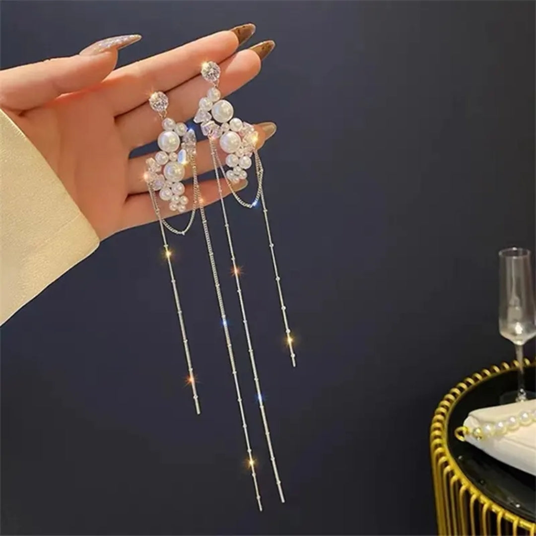 Whispering Chains Pearl & Crystal Drops Earrings