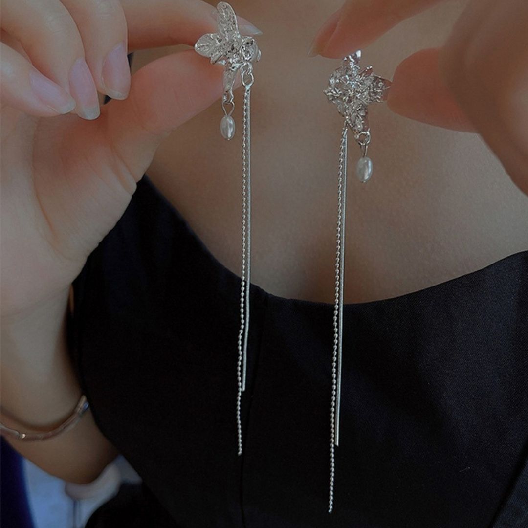 Silver Butterfly Pearl Danglers Earrings