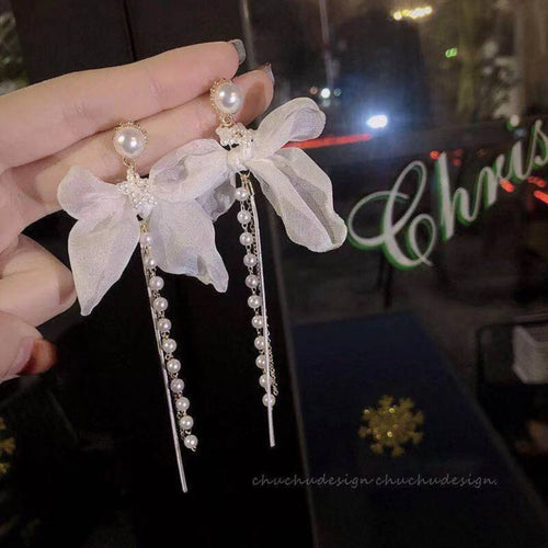 Chiffon Bow & Pearl Tassel Earrings