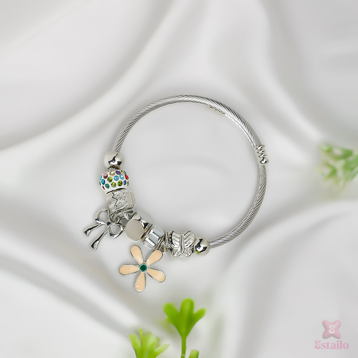 Bow Lily  Silver Charm Bracelet