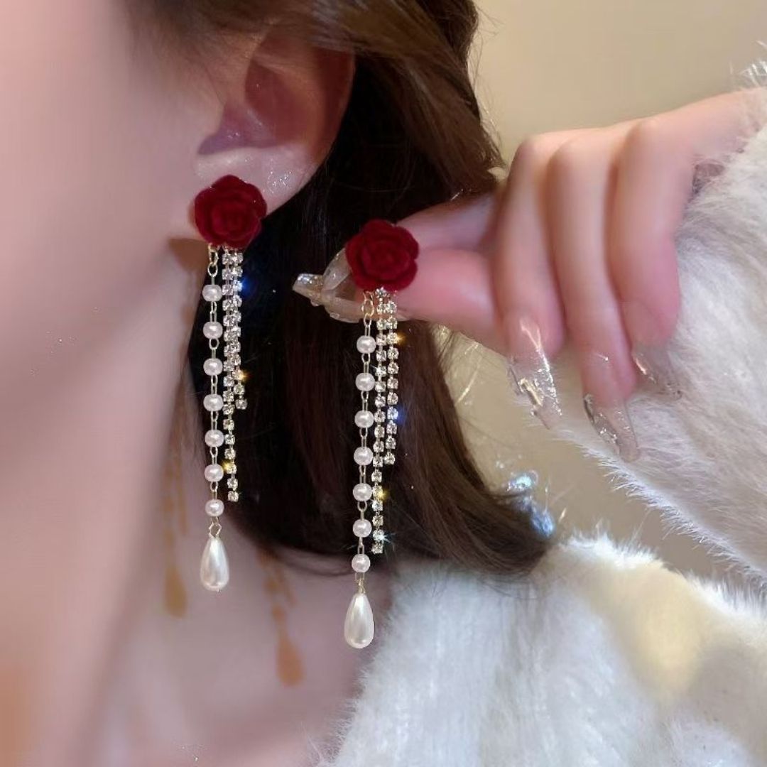 Crimson Rose Pearl Dangles Earring