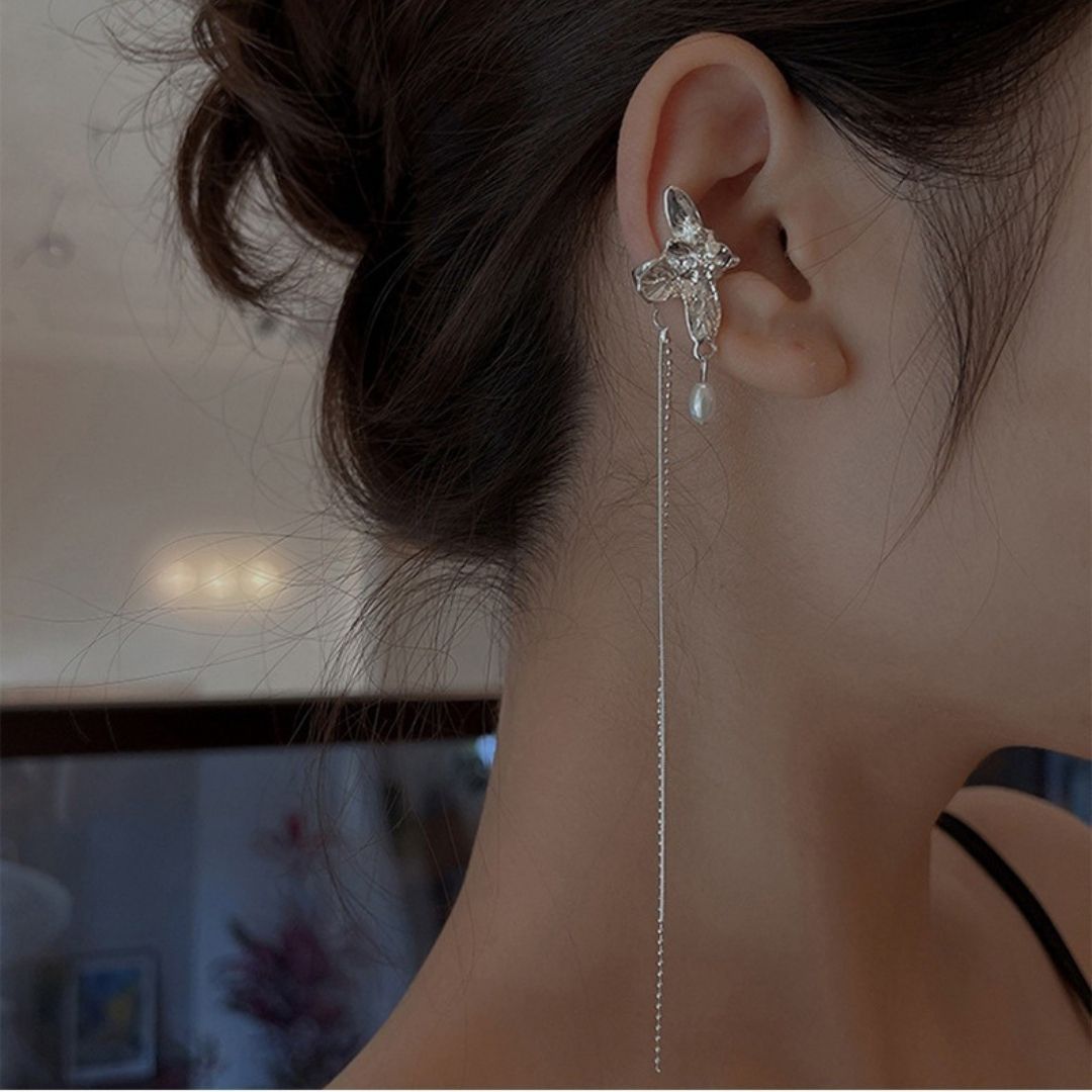 Silver Butterfly Pearl Danglers Earrings