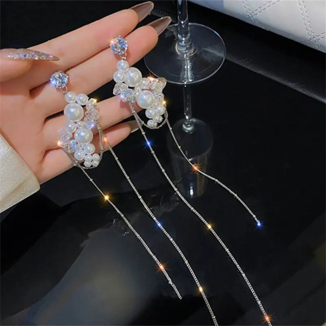 Whispering Chains Pearl & Crystal Drops Earrings