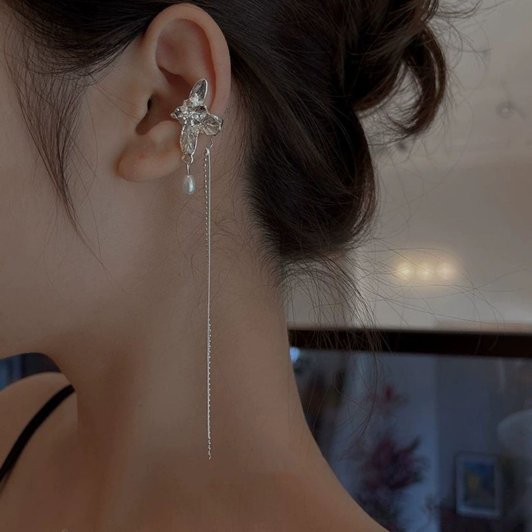 Silver Butterfly Pearl Danglers Earrings