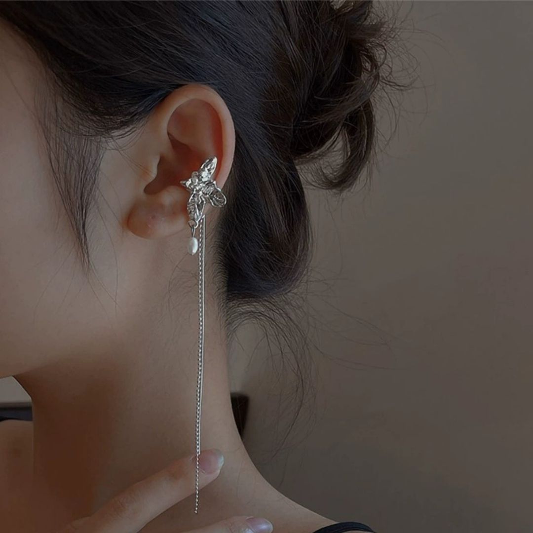 Silver Butterfly Pearl Danglers Earrings