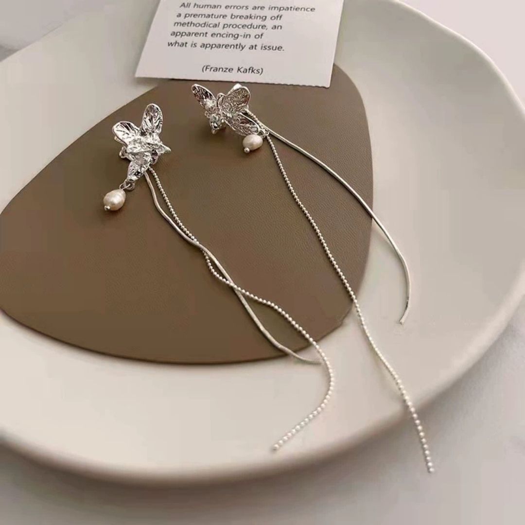 Silver Butterfly Pearl Danglers Earrings