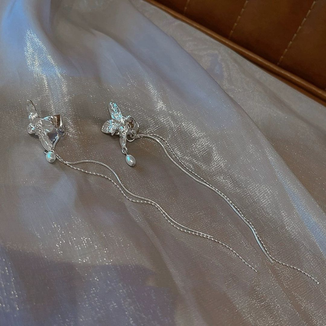 Silver Butterfly Pearl Danglers Earrings