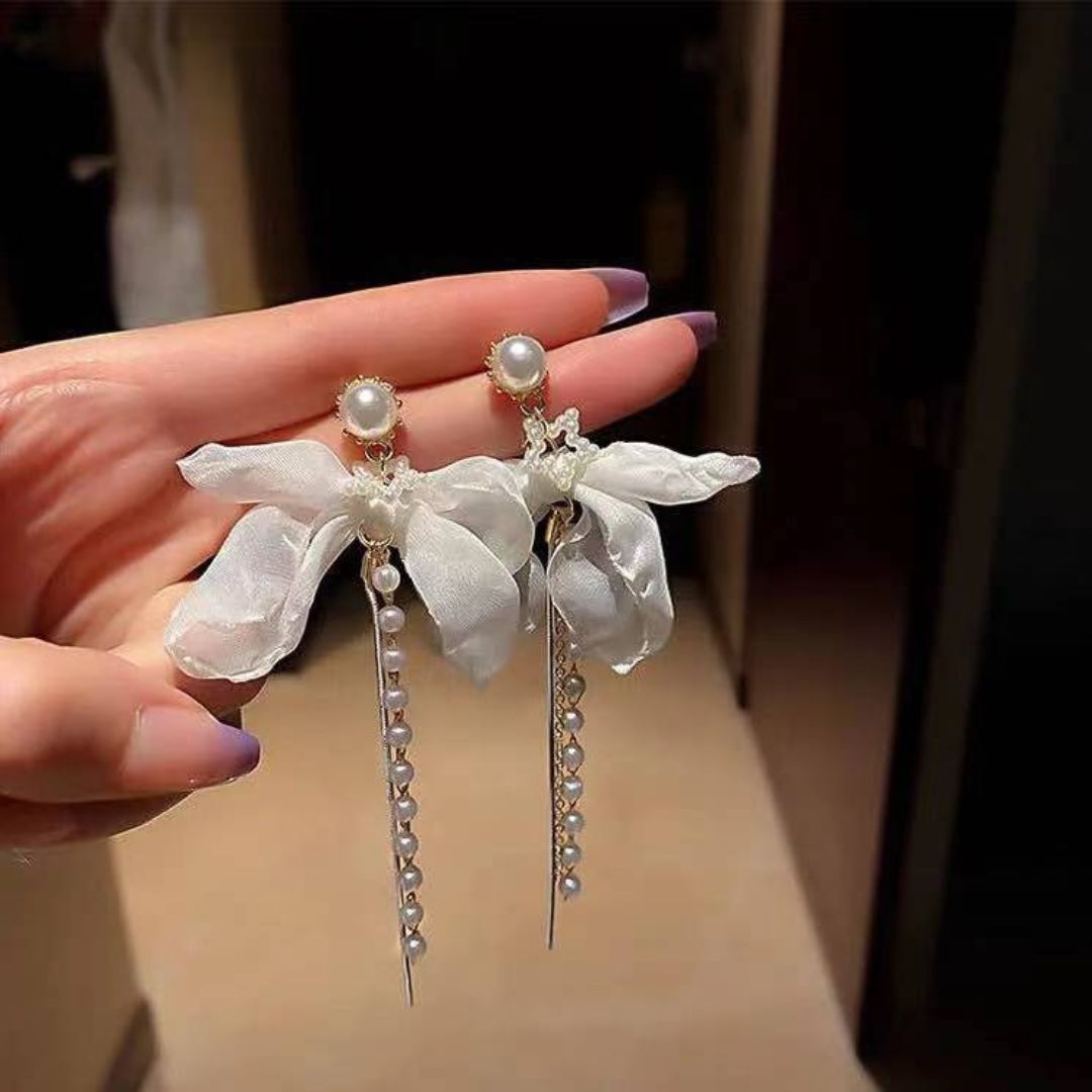 Chiffon Bow & Pearl Tassel Earrings