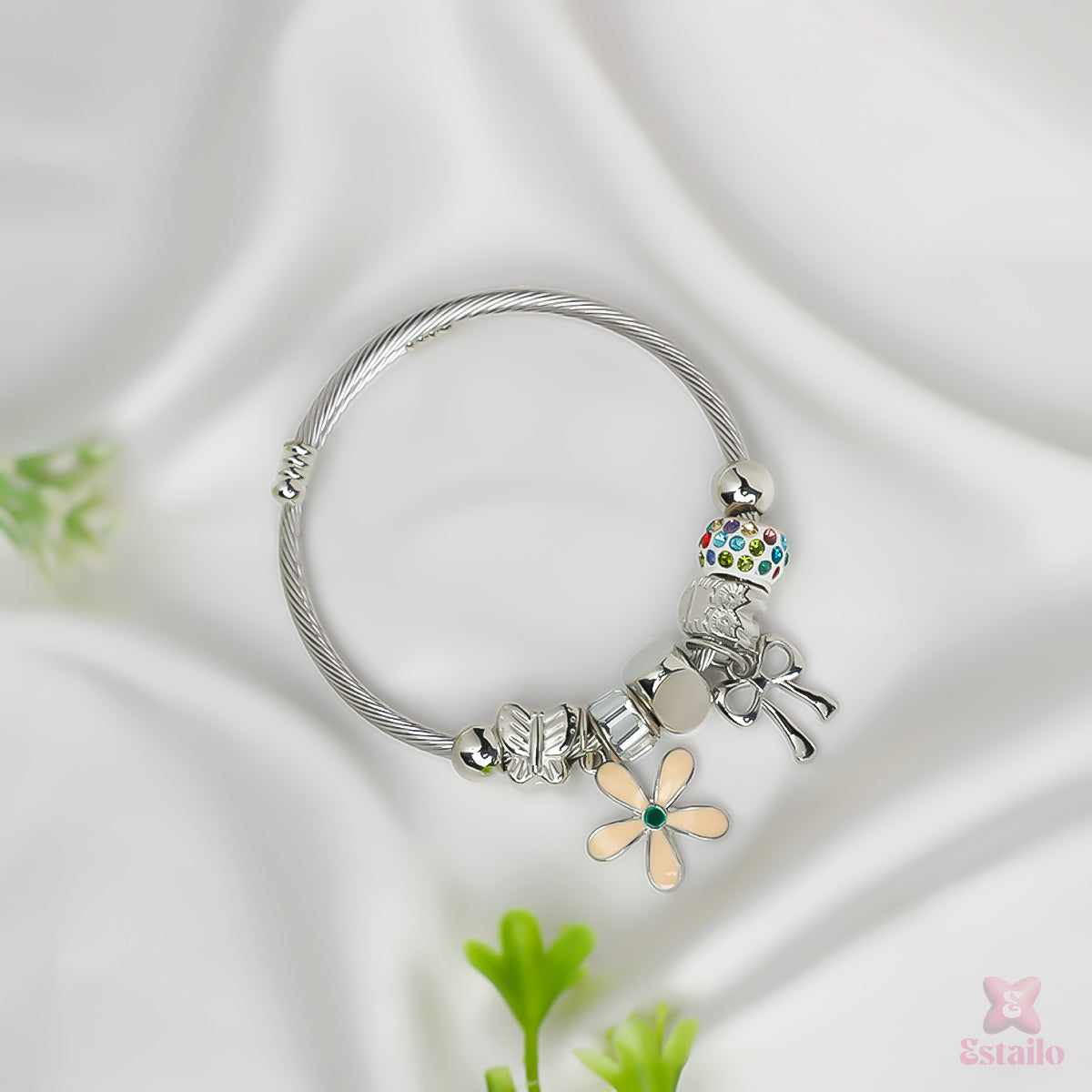 Bow Lily  Silver Charm Bracelet