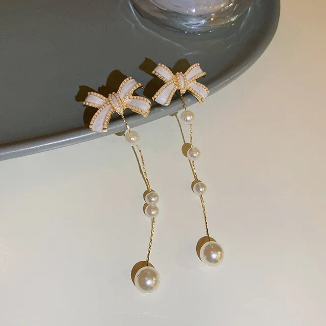 Gilded Bow & Pearl Earrings