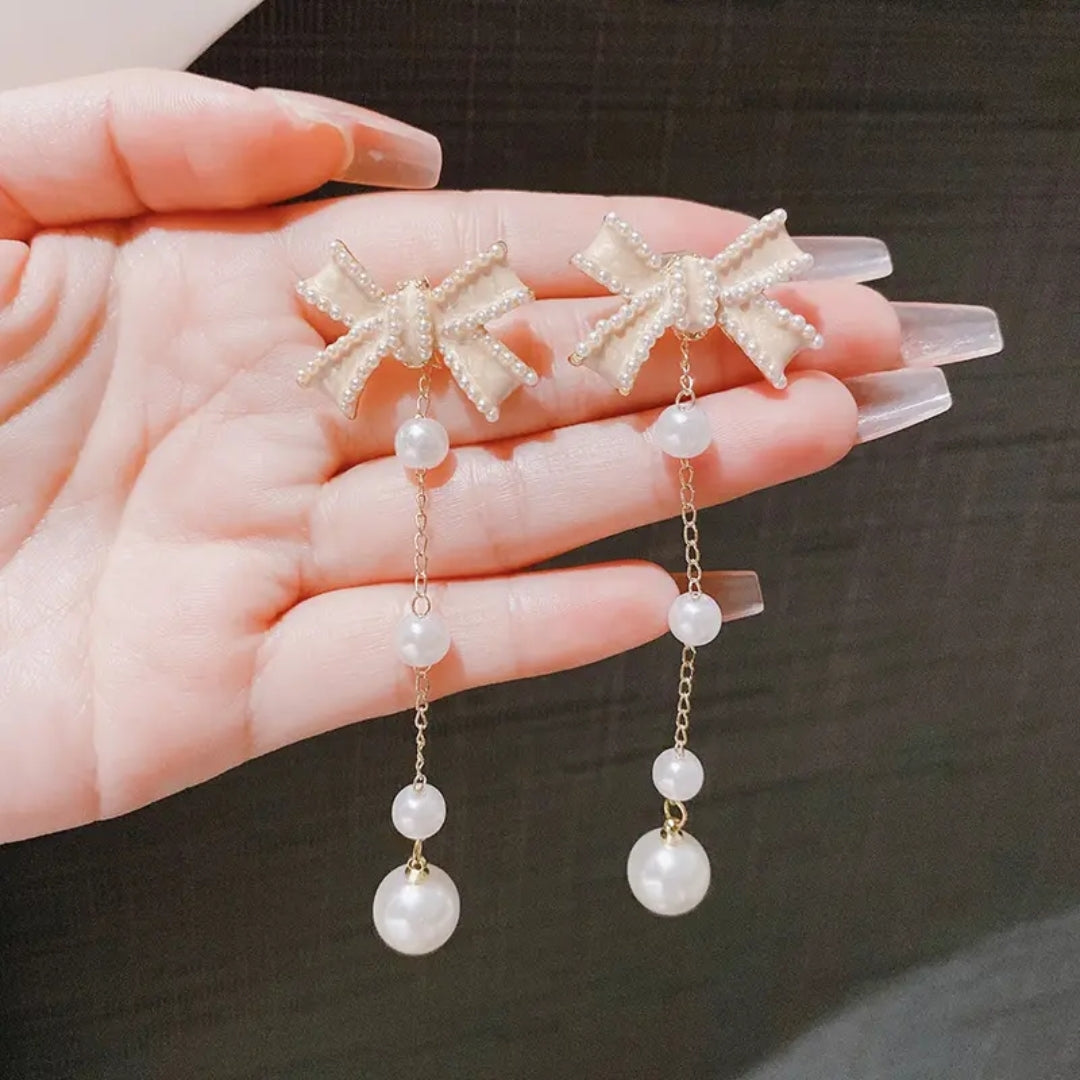 Gilded Bow & Pearl Earrings