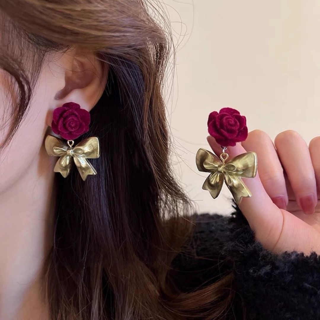 Crimson Rose & Gilded Bows Drop Earrings