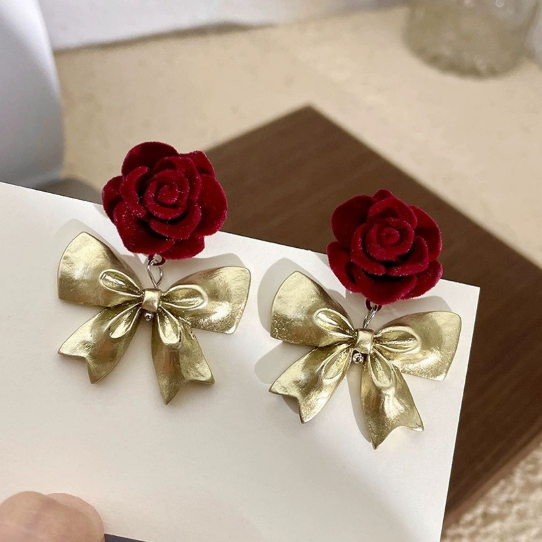 Crimson Rose & Gilded Bows Drop Earrings