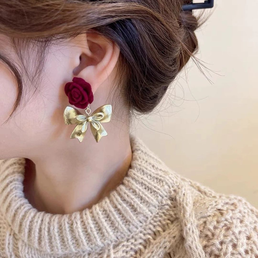 Crimson Rose & Gilded Bows Drop Earrings