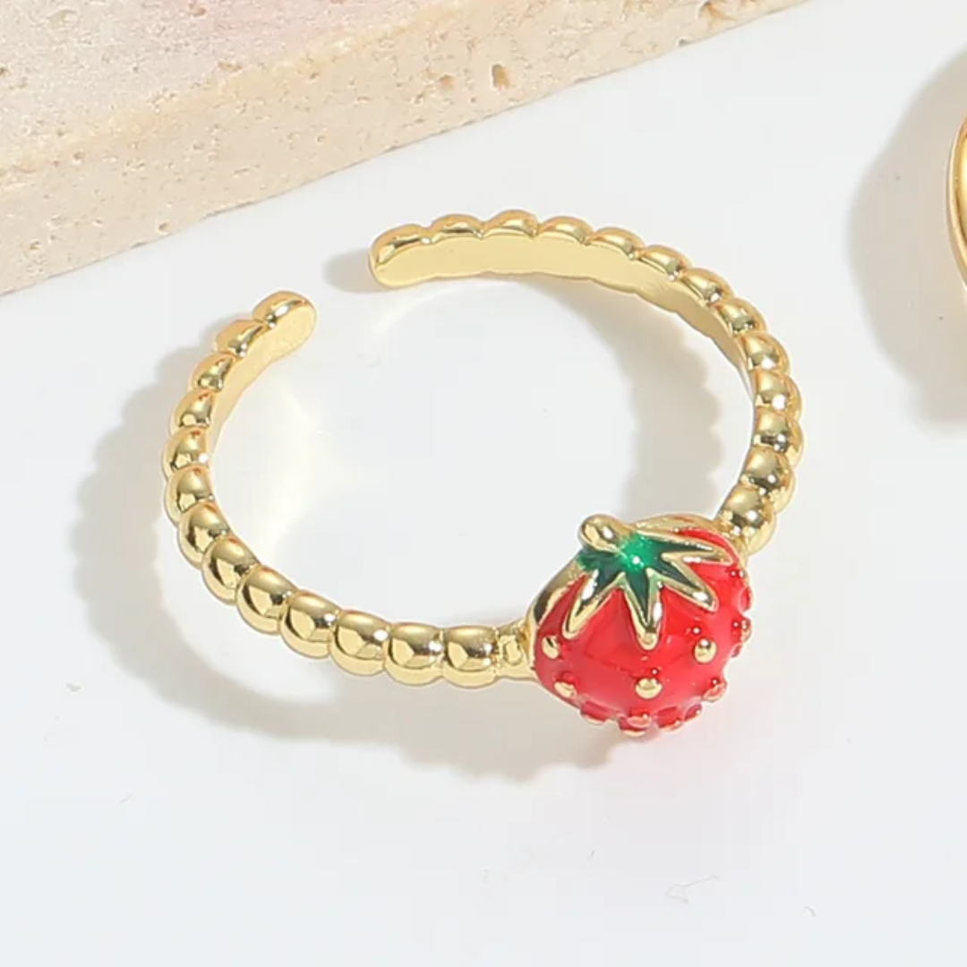 Golden Strawberry Charm Ring
