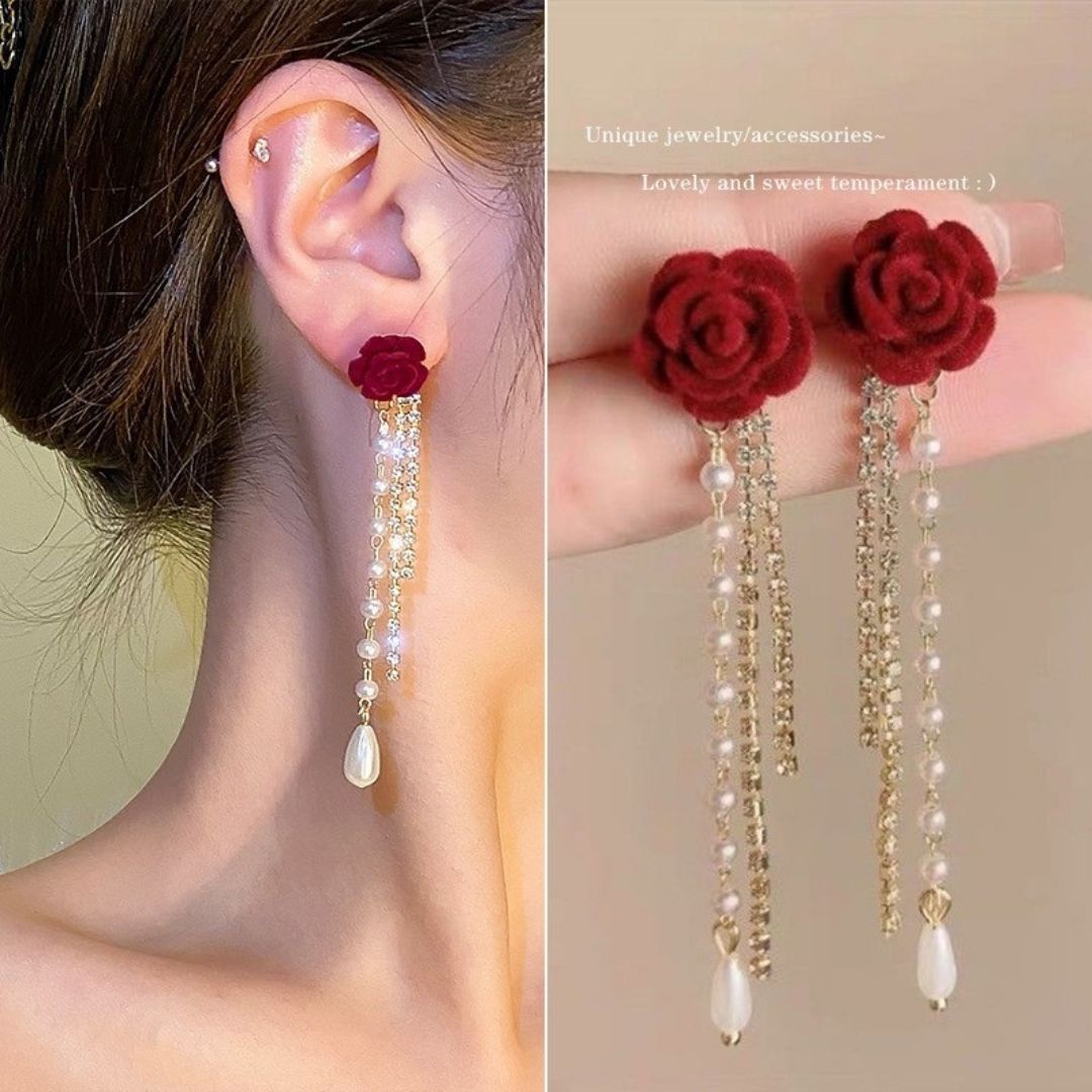 Crimson Rose Pearl Dangles Earring