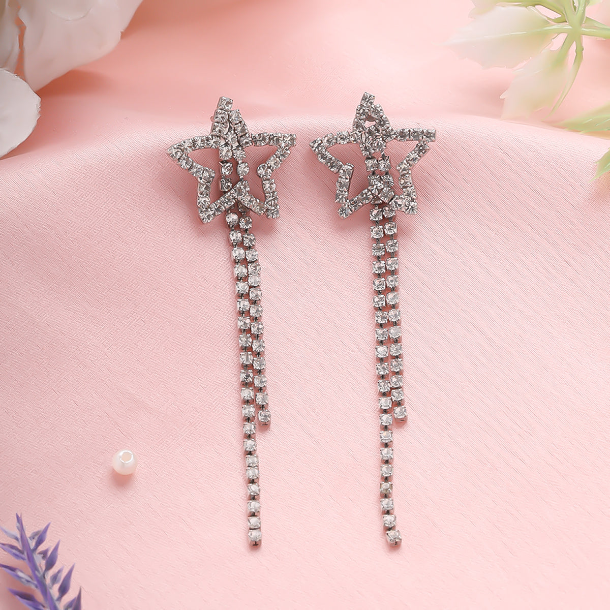 Silver Star Long Chain Earrings