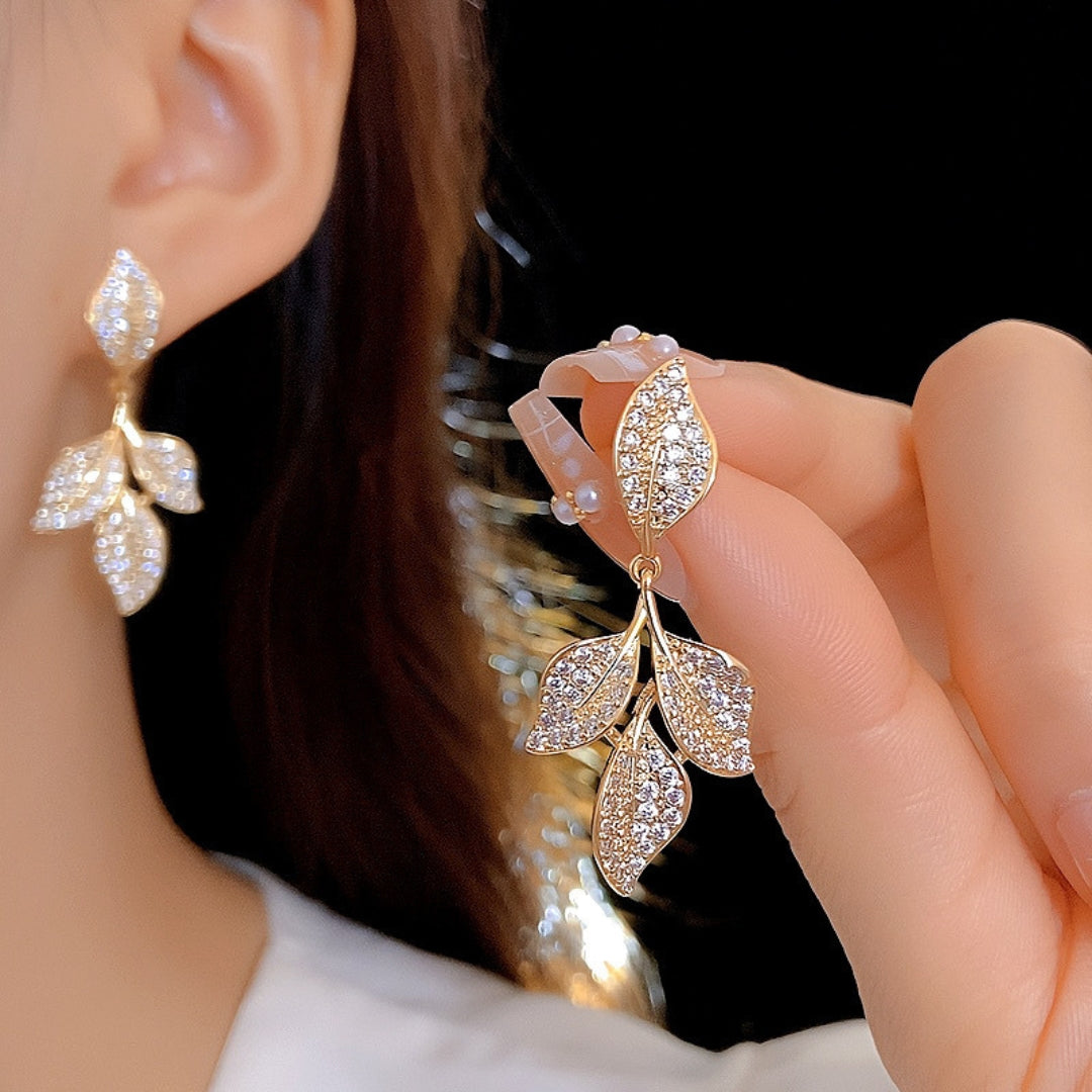 Golden Dewdrop Leaf Earrings