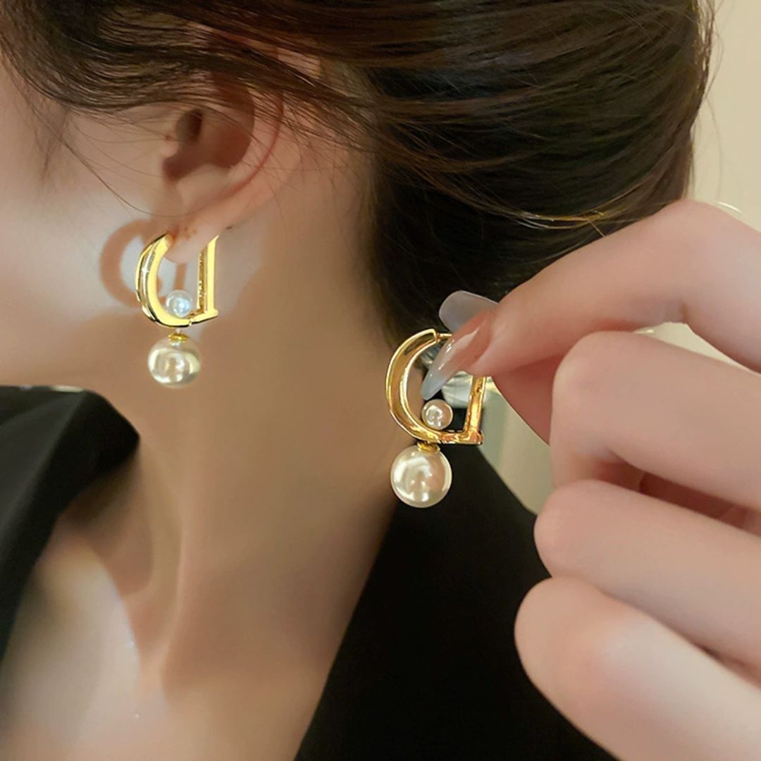Golden Pearl Huggies Earrings