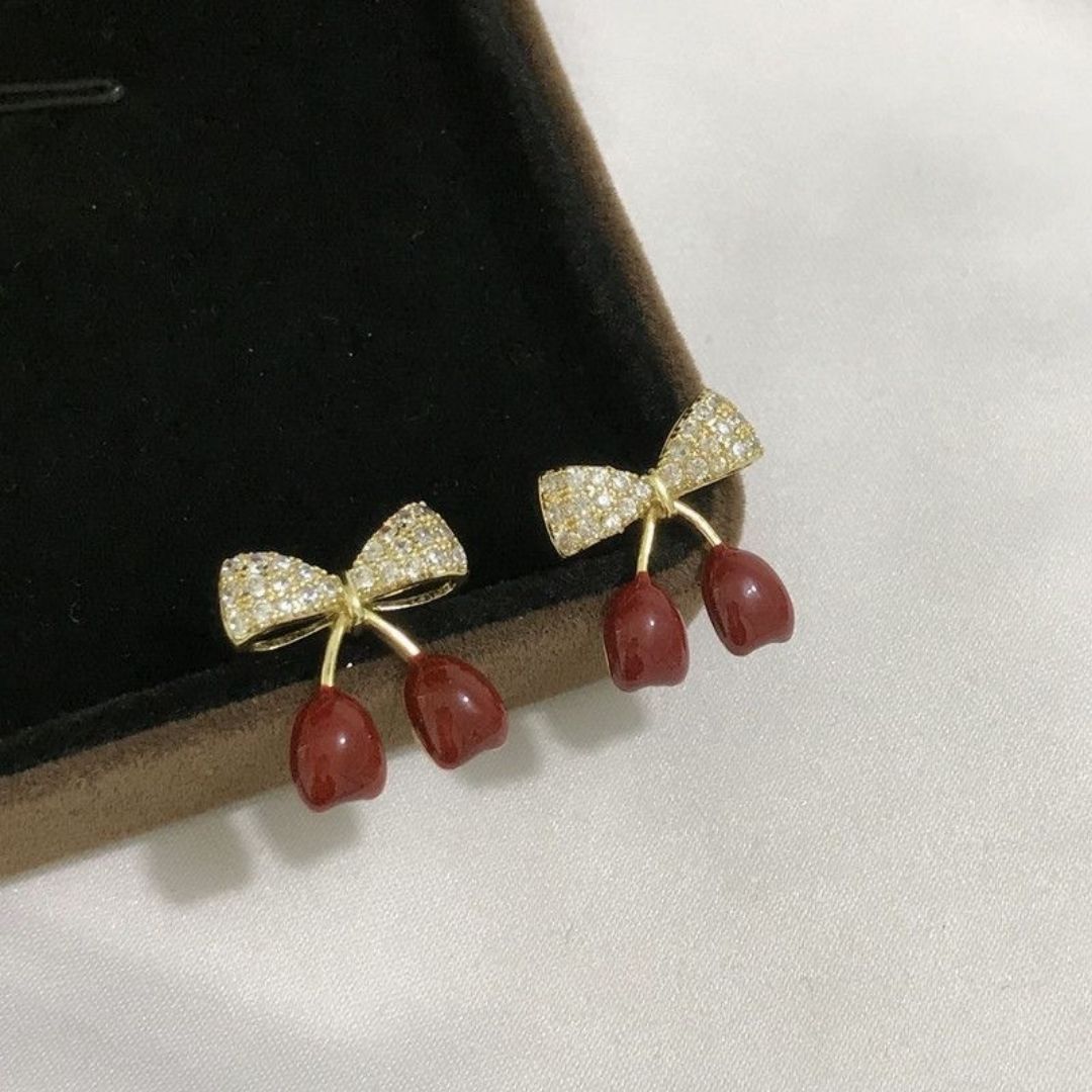 Red Cherry Bow Studs Earrings