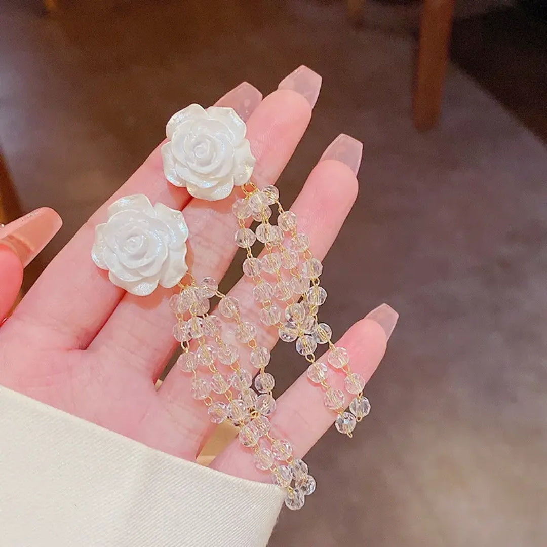 White Rose Crystal Dangles Earrings