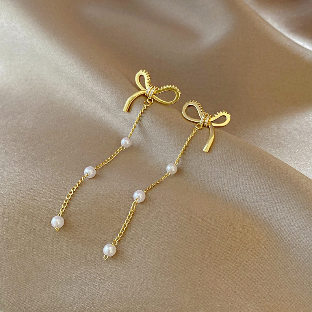 Golden Ribbon Pearl Dangles