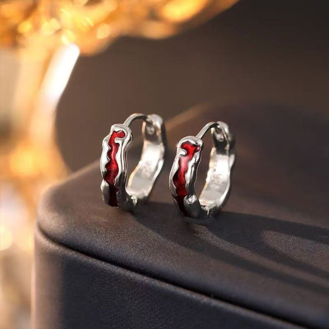 Molten Silver & Red Hoops Earrings