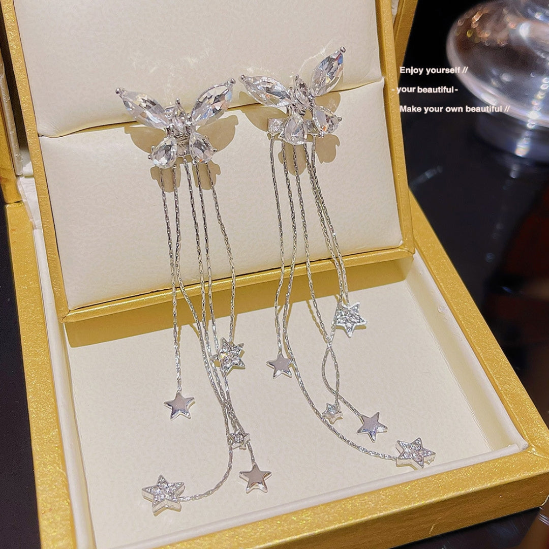 Crystal Butterfly & Star Tassel Earrings