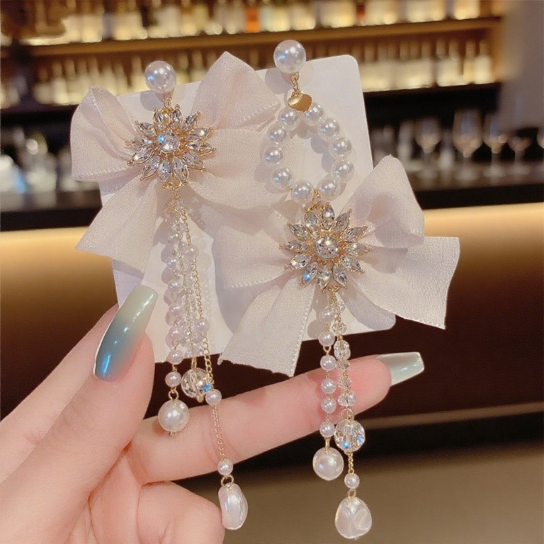 Graceful Pearl Cascade Bow Earrings
