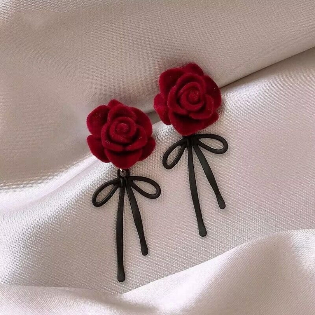 Velvet Rose & Ribbon Drop Earrings