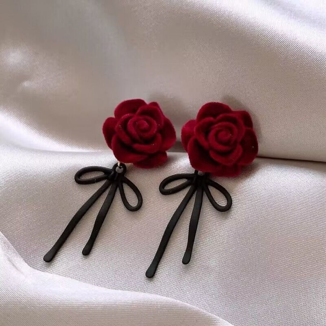 Velvet Rose & Ribbon Drop Earrings