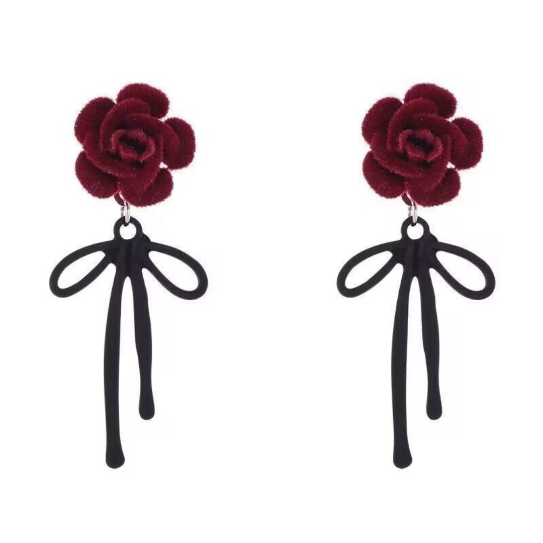 Velvet Rose & Ribbon Drop Earrings