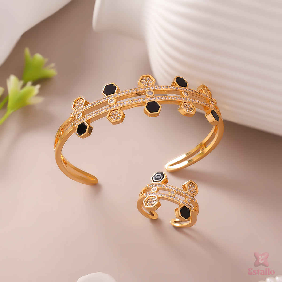 Golden Hexa Glam Bracelet and Ring