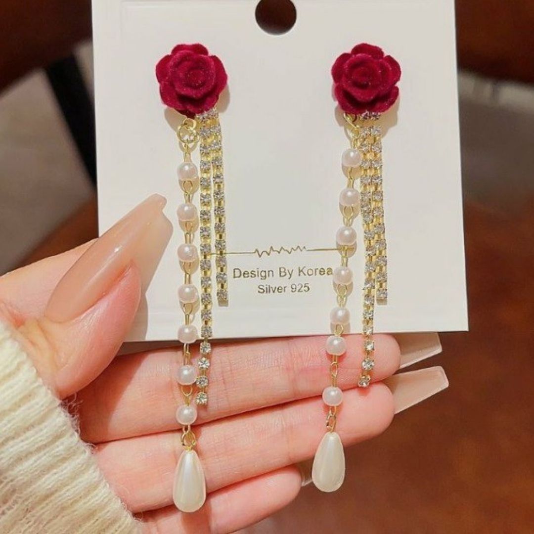 Crimson Rose Pearl Dangles Earring