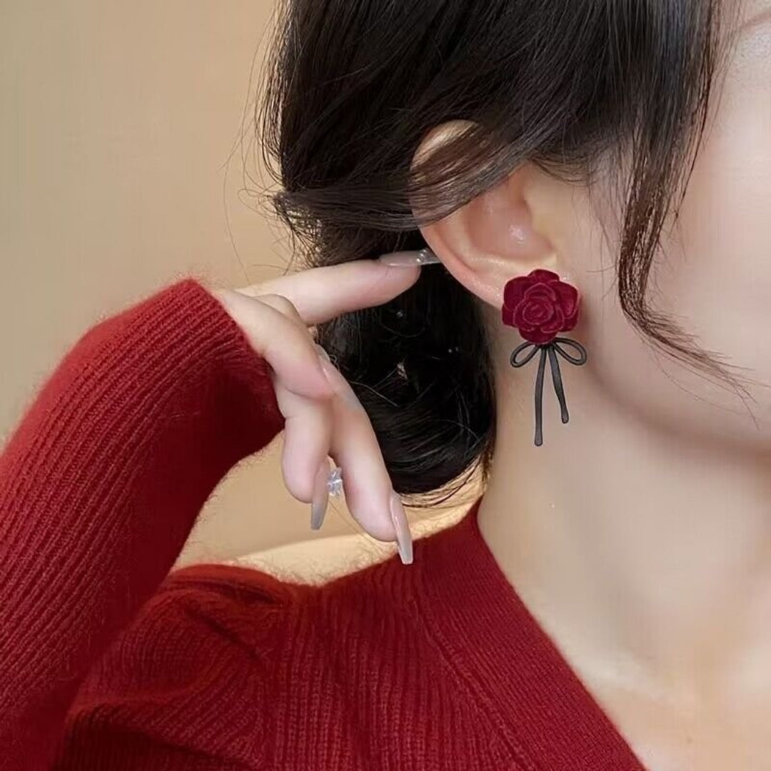 Velvet Rose & Ribbon Drop Earrings