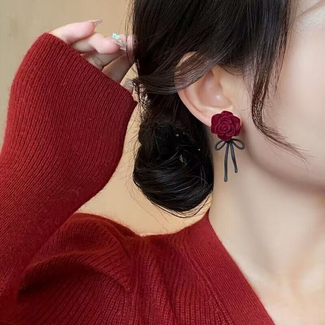 Velvet Rose & Ribbon Drop Earrings