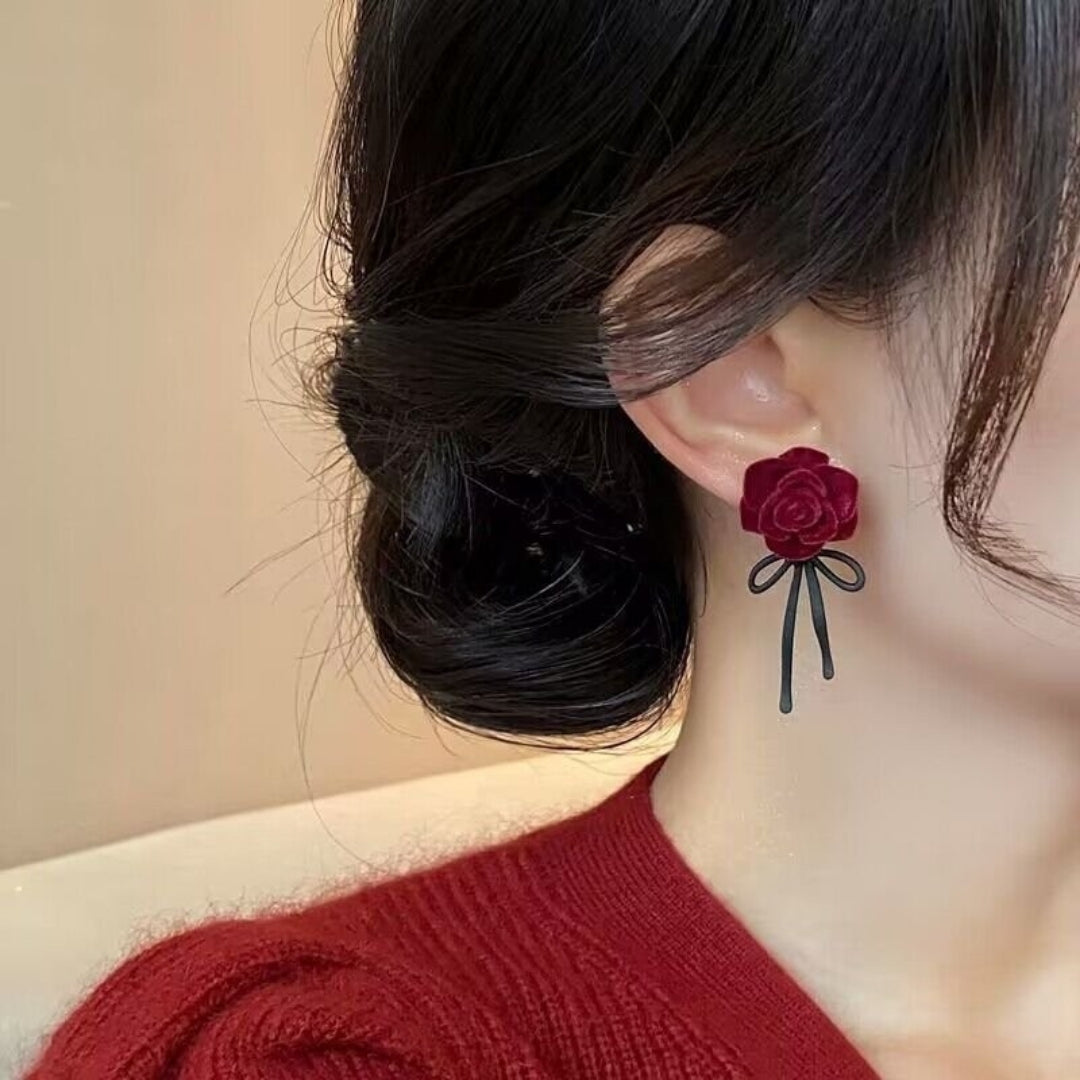 Velvet Rose & Ribbon Drop Earrings