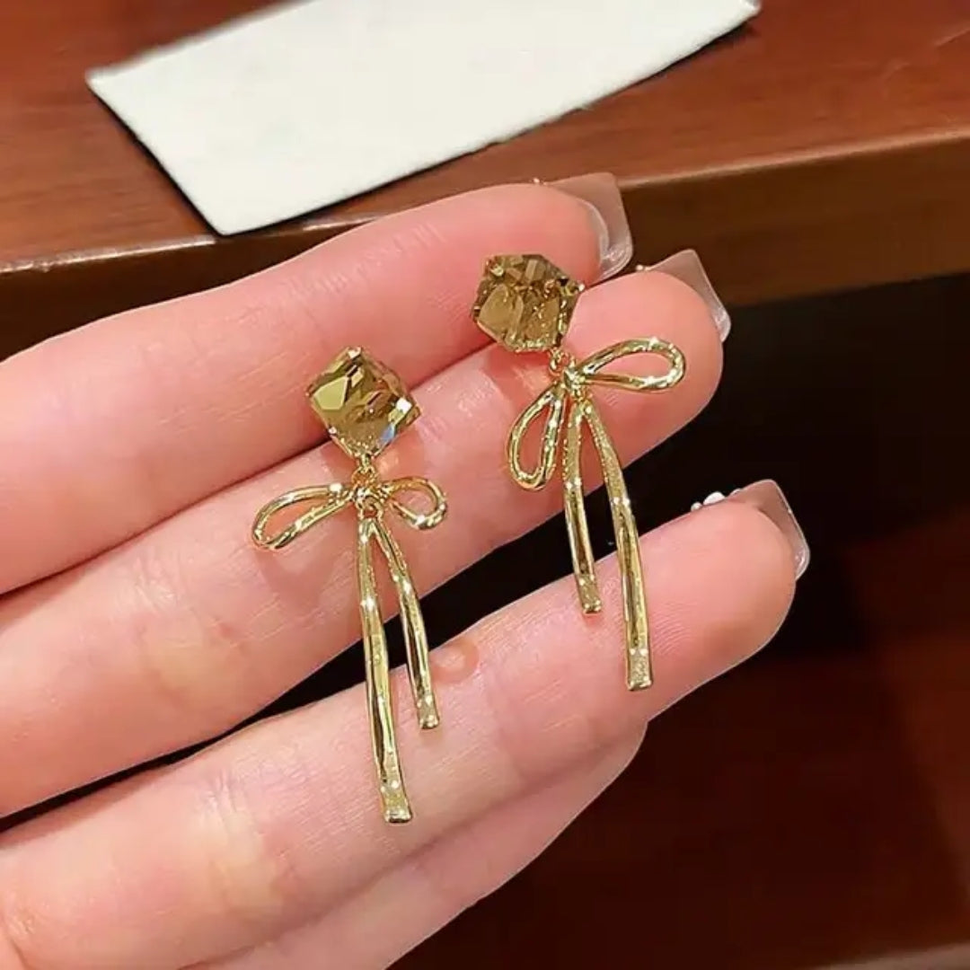 Graceful Gold Drop Bows Earring