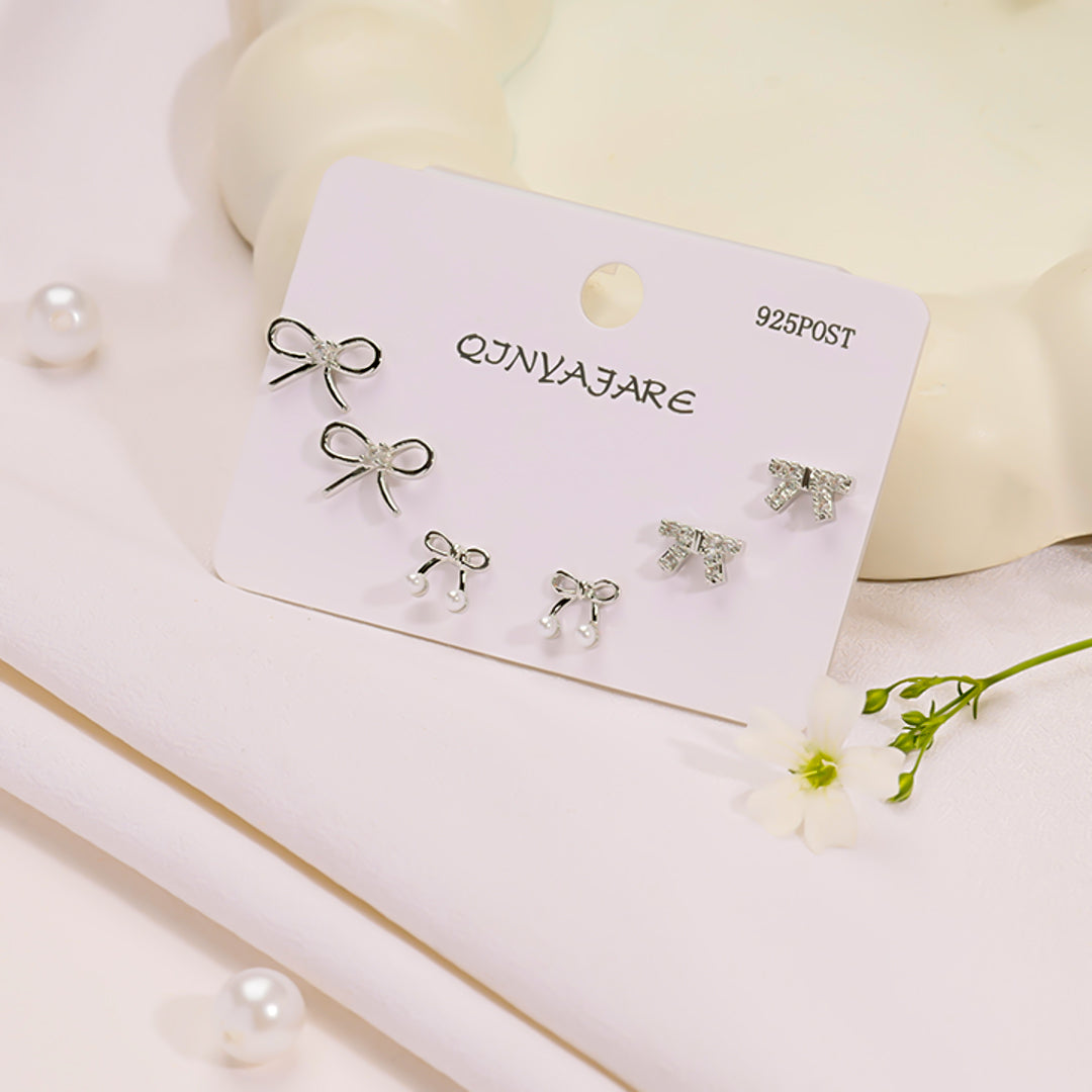 Silver Bow Stud Combo Earrings