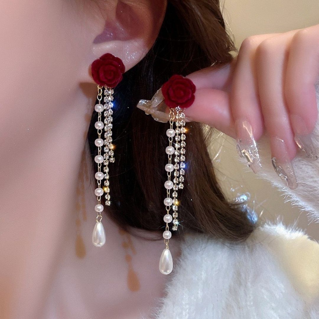 Crimson Rose Pearl Dangles Earring