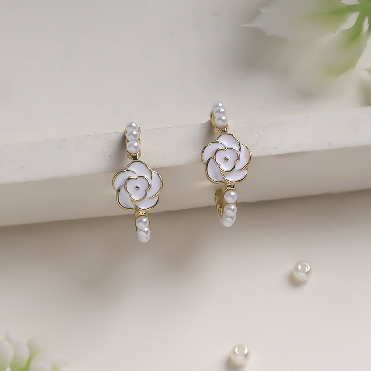 Rosette Pearl Hoops Earrings