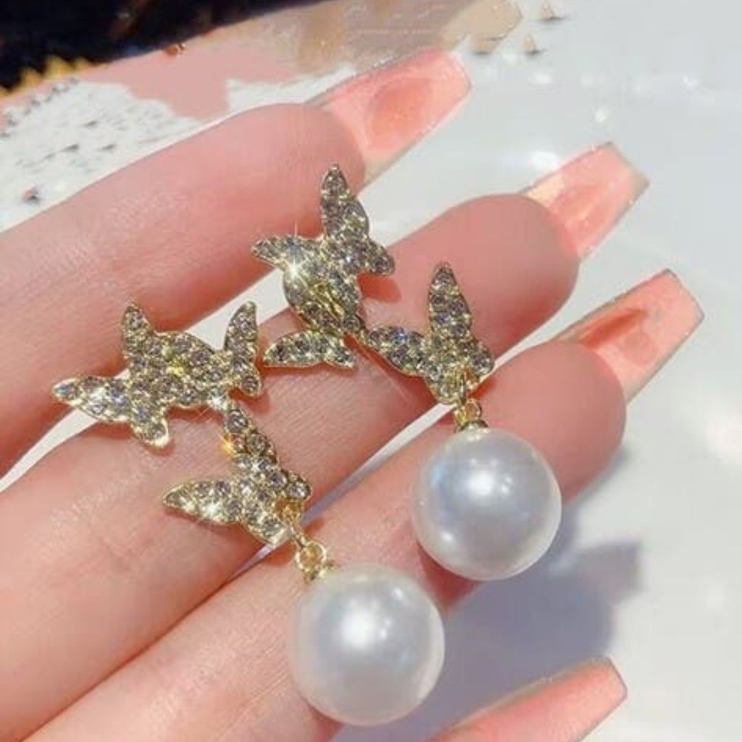 Graceful Glimmer Pearl Butterflies Earrings