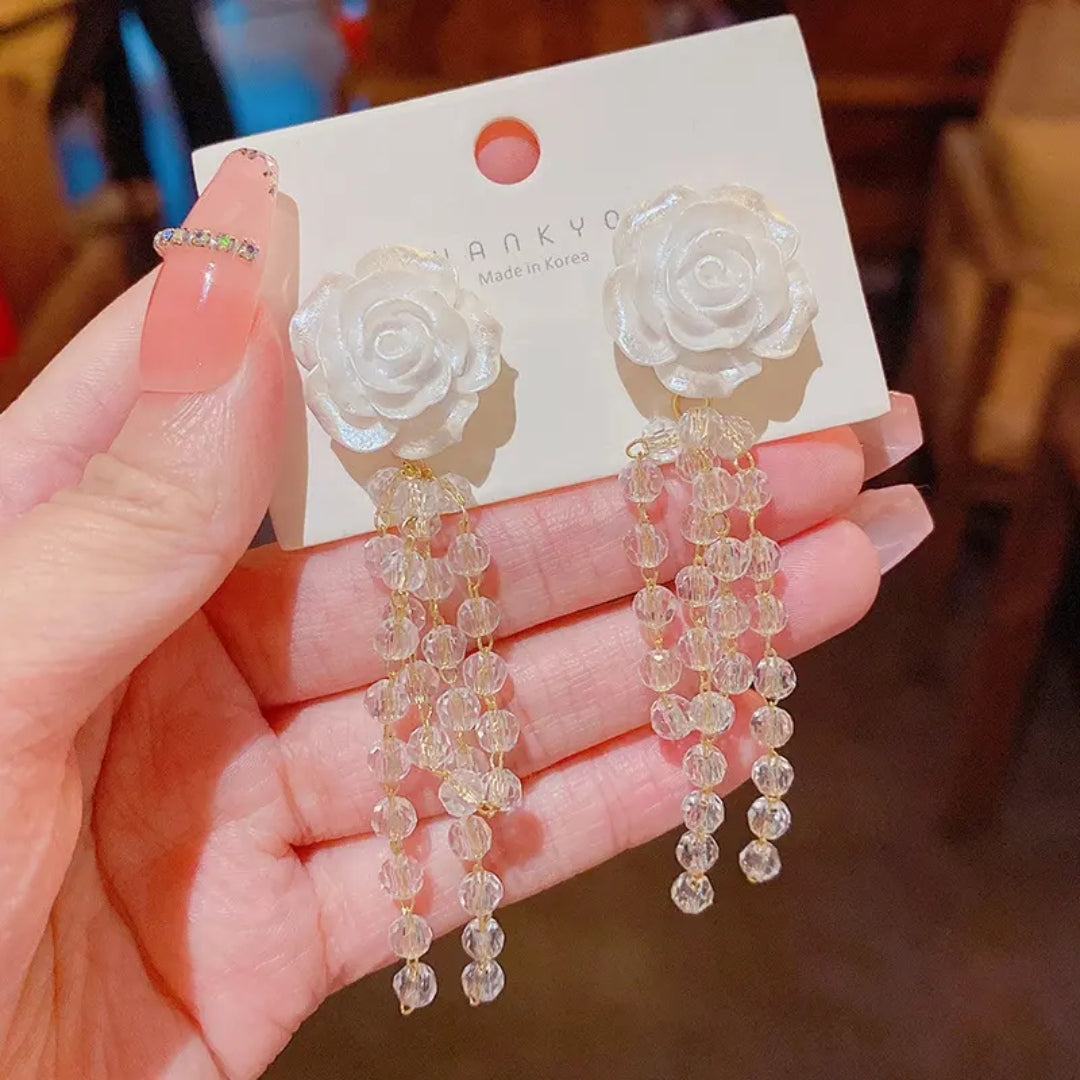 White Rose Crystal Dangles Earrings