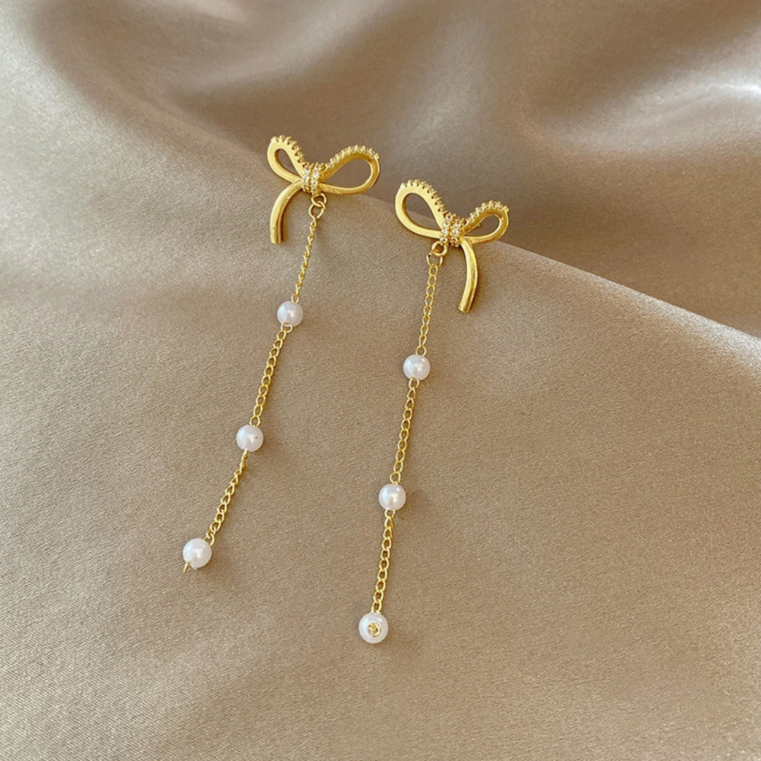 Golden Ribbon Pearl Dangles
