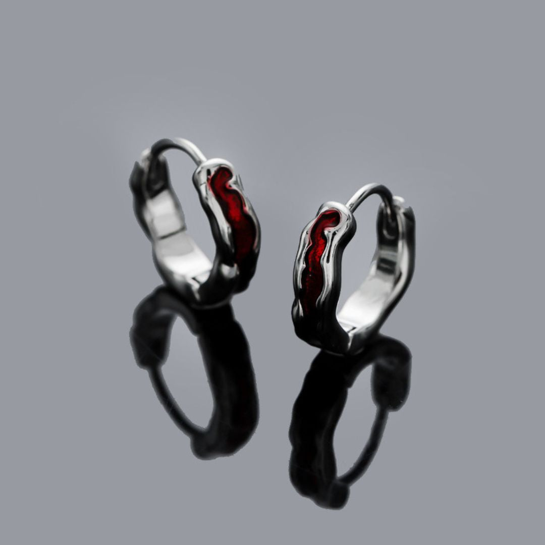 Molten Silver & Red Hoops Earrings