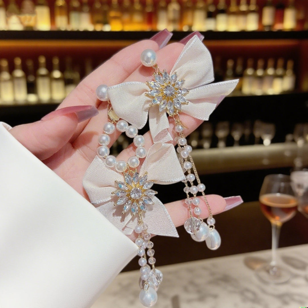 Graceful Pearl Cascade Bow Earrings
