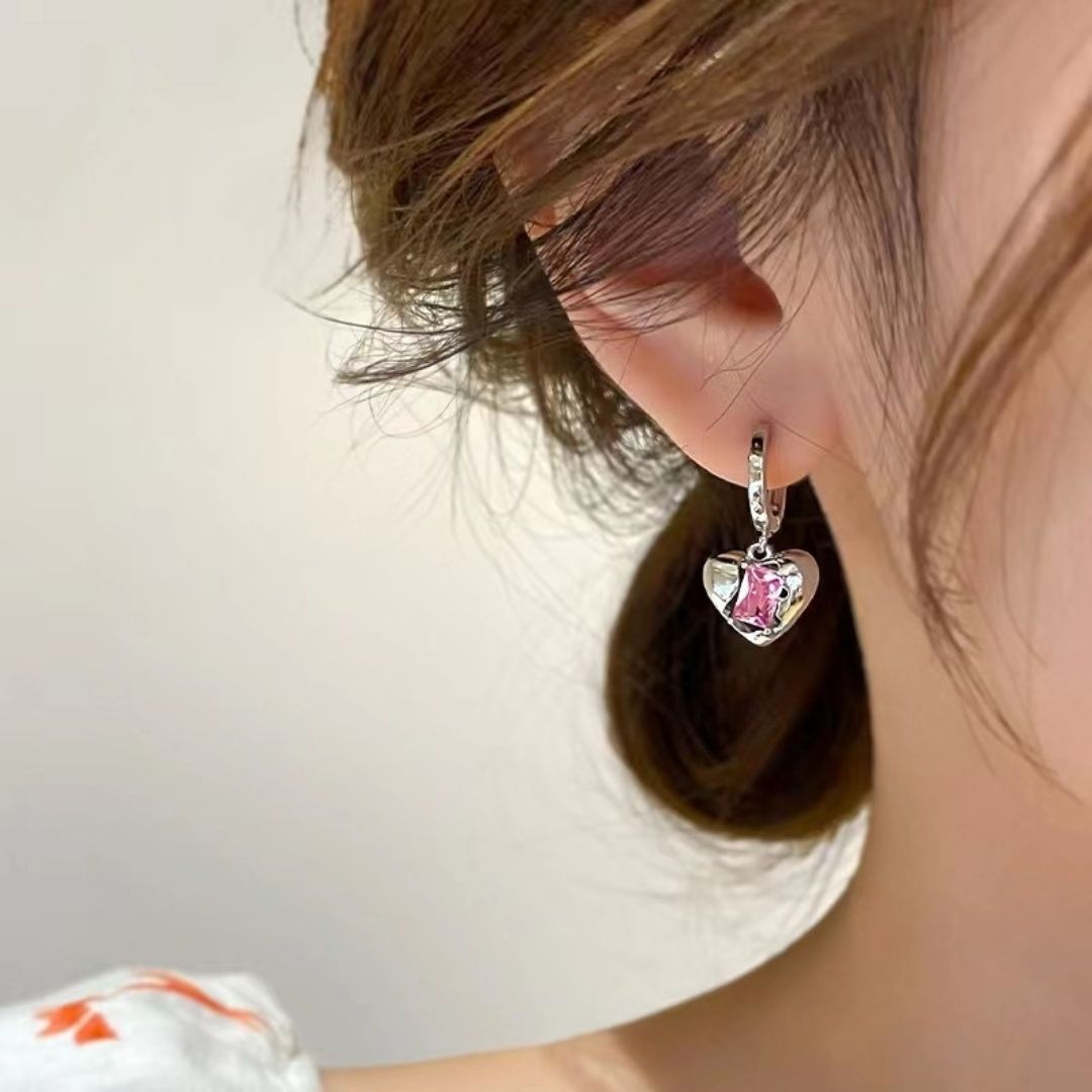 Pink Heart Crystal Drop Earrings