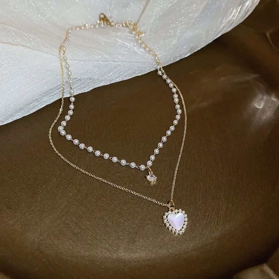 Layered Pearl & Heart Necklace